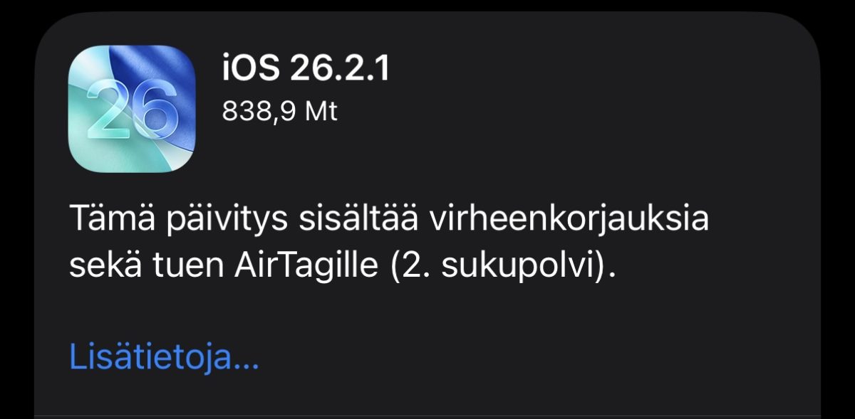 Apple on julkaissut iOS- ja watchOS-päivitykset versioon 26.2.1 – ladattavissa nyt iPhoneille ja Apple Watcheille.0