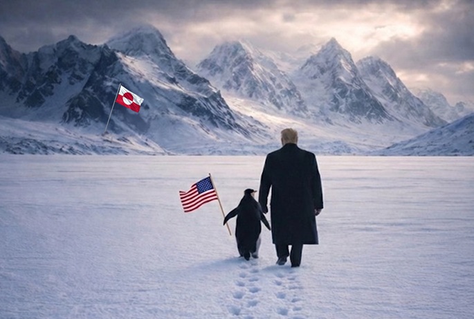 WH julkaisi tekoälyn luoman kuvan Grönlannista arktisen alueen uudistuneen kiinnostuksen myötä. 1