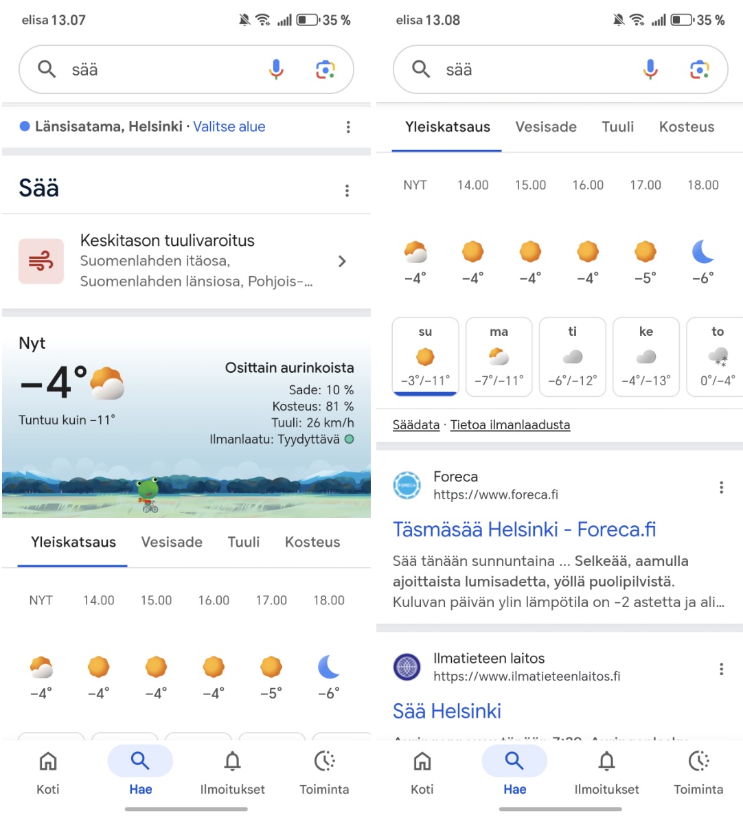Google-sovelluksen erillinen säänäkymä Android-laitteilla poistuu hakutulossivulta.0