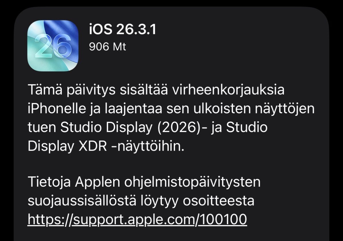 Apple julkaisi päivitykset iPhoneille, iPadeille ja Mac-tietokoneille – iOS, iPadOS ja macOS Tahoe versio 26.3.1 on nyt saatavilla ladattavaksi.0