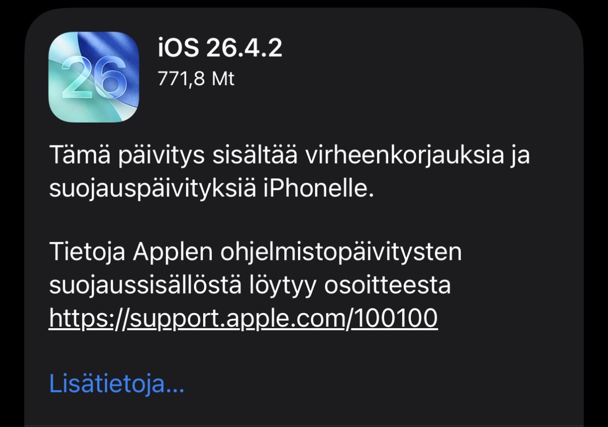 Apple julkaisi iOS- ja iPadOS-päivityksen 26.4.2 iPhoneille ja iPadeille – mukana korjaus FBI:n käyttämään haavoittuvuuteen. 1