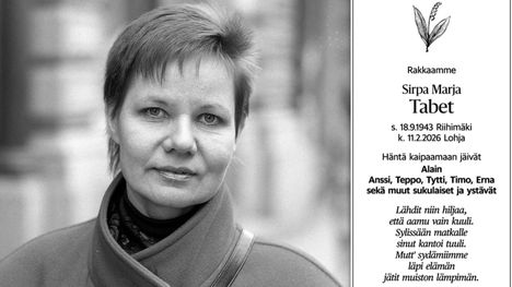 Kirjailija Sirpa Tabet on menehtynyt. 1