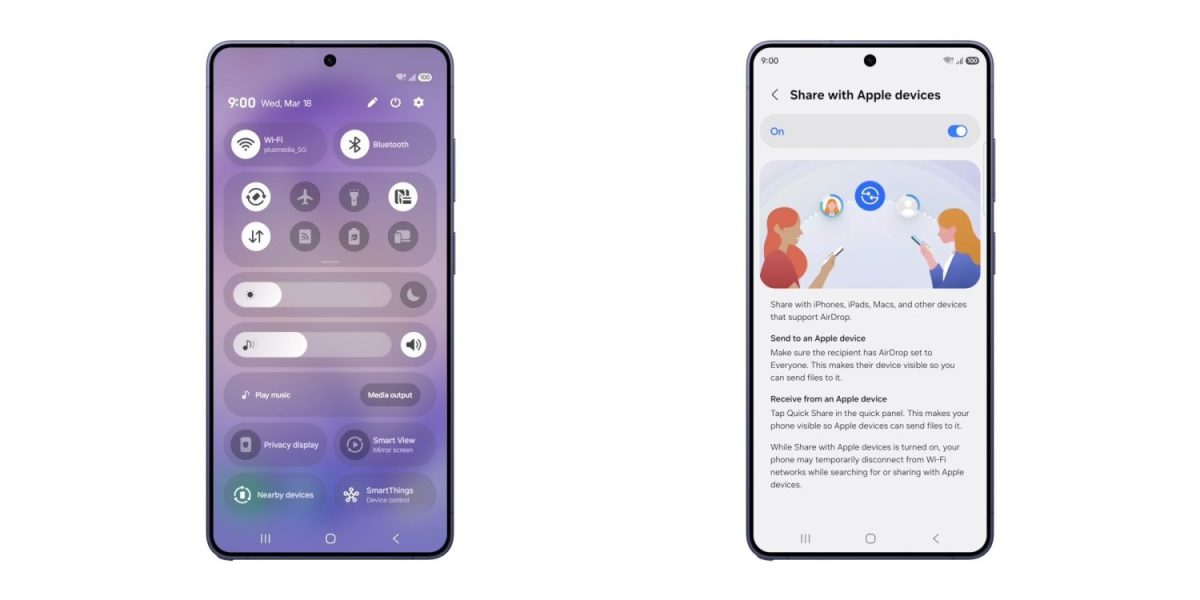 Samsung-puhelimet saavat yhteensopivuuden Applen AirDropin kanssa – Quick Share -laajennus tulee ensin Galaxy S26 -sarjaan. 1