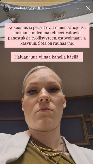 Vasemmistoliiton kansanedustaja Jessi Jokelainen ilmaisee Instagramissa haluavansa nauttia alkoholia molemmin käsin. 4 Vasemmistoliiton kansanedustaja Jessi Jokelainen ilmaisee Instagramissa haluavansa nauttia alkoholia molemmin käsin. 3