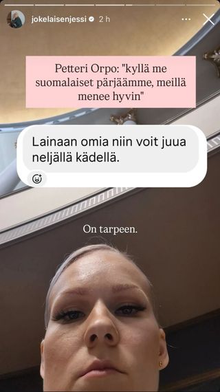 Vasemmistoliiton kansanedustaja Jessi Jokelainen ilmaisee Instagramissa haluavansa nauttia alkoholia molemmin käsin. 6 Vasemmistoliiton kansanedustaja Jessi Jokelainen ilmaisee Instagramissa haluavansa nauttia alkoholia molemmin käsin. 5