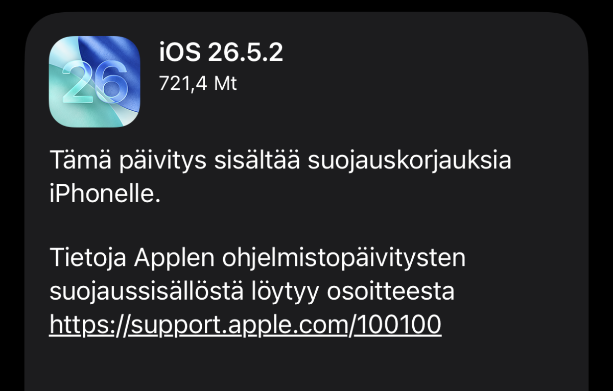 Apple julkaisi tietoturvapäivitykset iPhoneille, iPadeille ja Mac-tietokoneille – iOS 26.5.2 ja muut versiot saatavilla ladattavaksi. 1