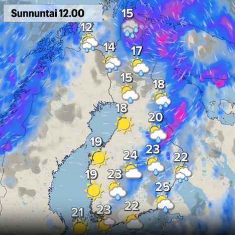 Sunnuntaille ennustetaan sadetta ja ukkosta. 10 Sunnuntaille ennustetaan sadetta ja ukkosta. 9