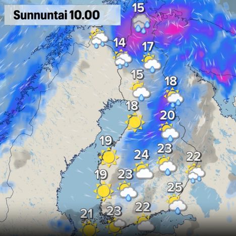 Sunnuntaille ennustetaan sadetta ja ukkosta. 6 Sunnuntaille ennustetaan sadetta ja ukkosta. 5
