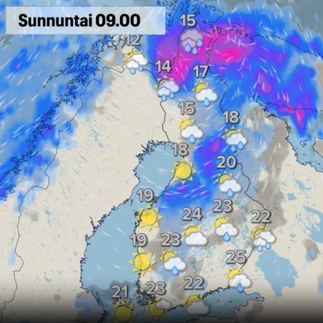 Sunnuntaille ennustetaan sadetta ja ukkosta. 4 Sunnuntaille ennustetaan sadetta ja ukkosta. 3