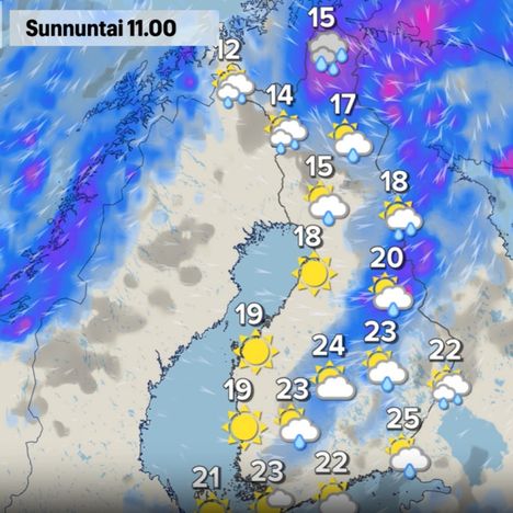 Sunnuntaille ennustetaan sadetta ja ukkosta. 8 Sunnuntaille ennustetaan sadetta ja ukkosta. 7