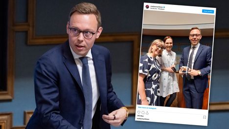 Työministeri Matias Marttinen sai vasemmistoliiton johtajilta odottamattoman lahjan. 2 Työministeri Matias Marttinen sai vasemmistoliiton johtajilta odottamattoman lahjan. 1