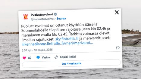 Puolustusvoimat rajoitti ilmailua itäisellä Suomenlahdella lähes seitsemän tunnin ajan 2 Puolustusvoimat rajoitti ilmailua itäisellä Suomenlahdella lähes seitsemän tunnin ajan 1