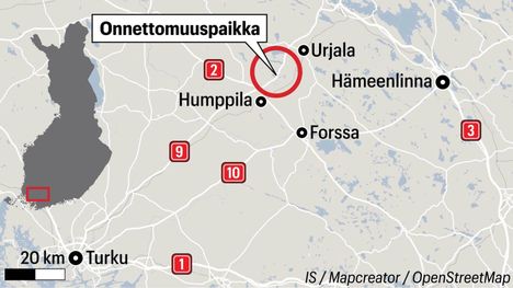 Ysitie avattu Urjalan ja Humppilan välillä tapahtuneen onnettomuuden jälkeen 1